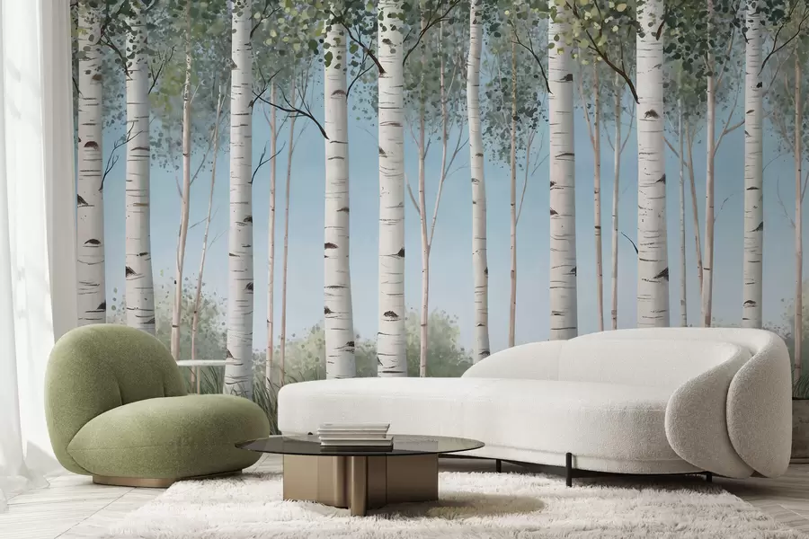 murais de parede Bosque de bétulas com troncos brancos contra um céu azul, em estilo aquarela w10047
