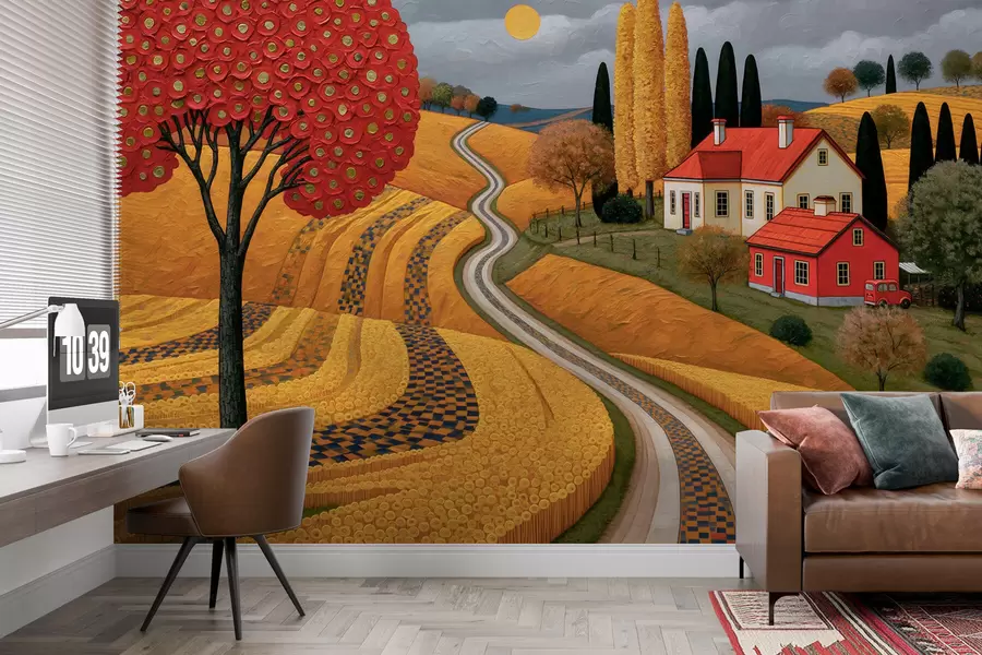 murais de parede Imitação de uma paisagem pitoresca da Toscana em pinceladas de pintura a óleo, com uma árvore vermelha, uma estrada sinuosa e uma casa de fazenda w10049