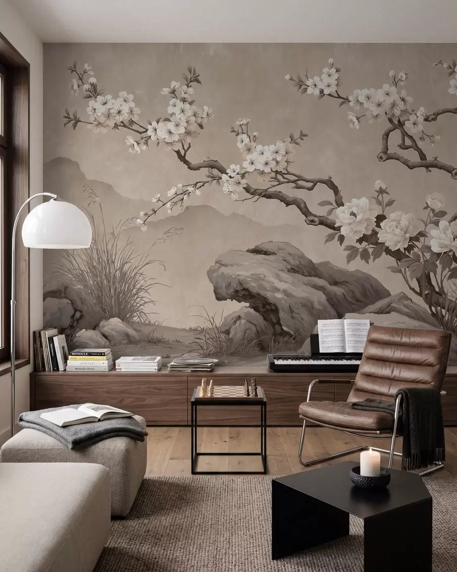 murais de parede Galho de cerejeira em flor sobre rochas em tons de bege claro, no estilo da pintura oriental w10052