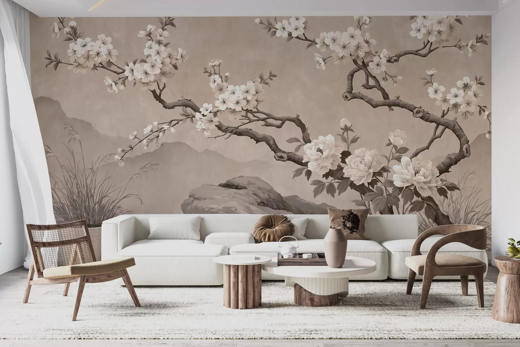 murais de parede Galho de cerejeira em flor sobre rochas em tons de bege claro, no estilo da pintura oriental w10052