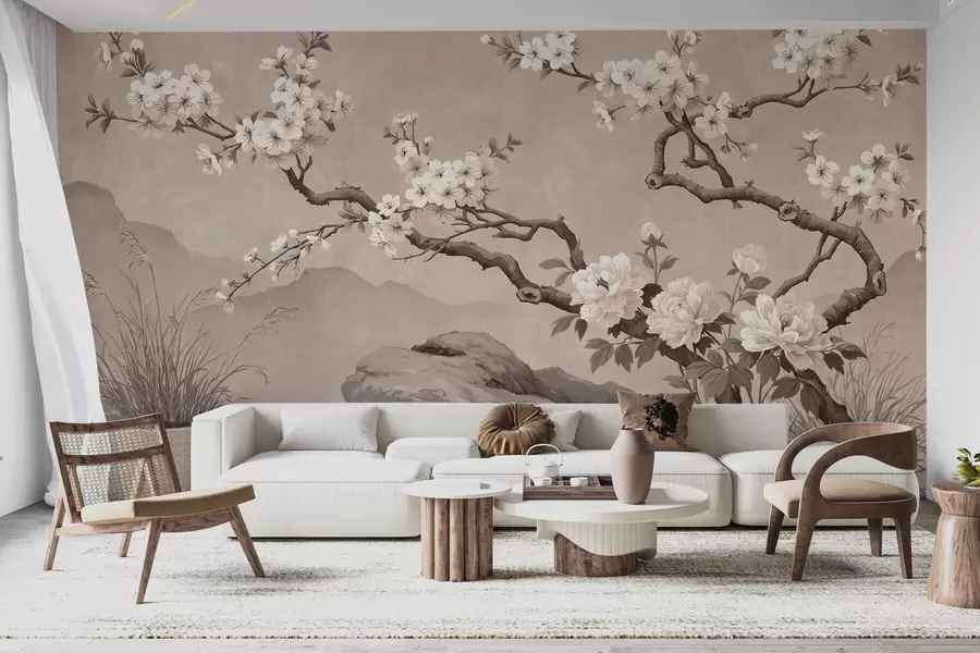 murais de parede Galho de cerejeira em flor sobre rochas em tons de bege claro, no estilo da pintura oriental w10052