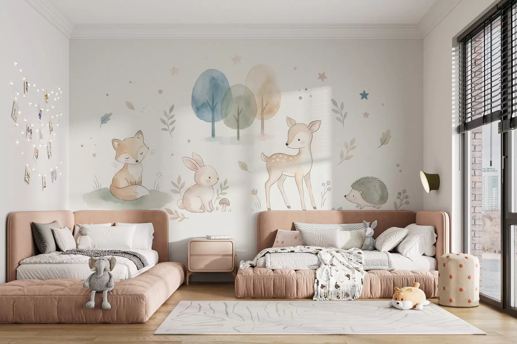 murais de parede Animais da floresta: raposa, coelho, filhote de veado, ouriço  em estilo aquarela w10068