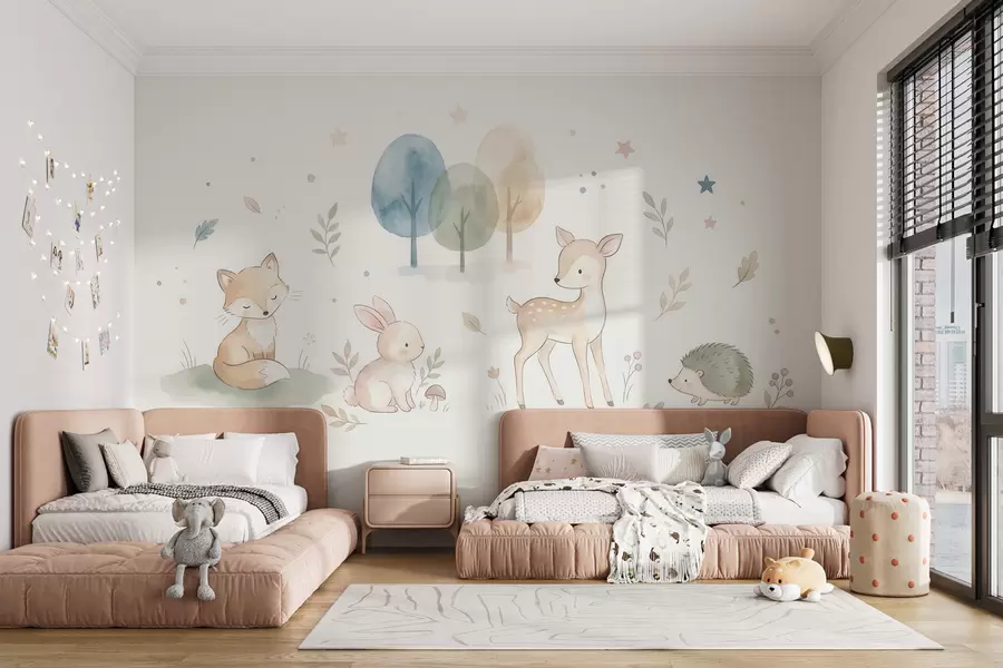 murais de parede Animais da floresta: raposa, coelho, filhote de veado, ouriço  em estilo aquarela w10068