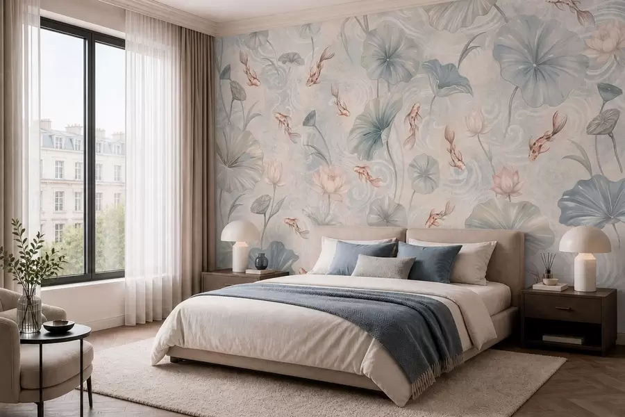 murais de parede Peixes koi entre folhas e flores cor-de-rosa sobre um fundo claro w05807