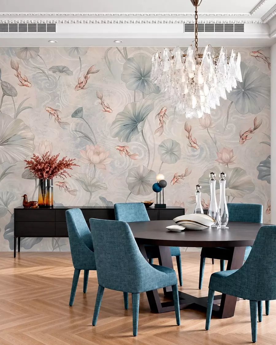 murais de parede Peixes koi entre folhas e flores cor-de-rosa sobre um fundo claro w05807