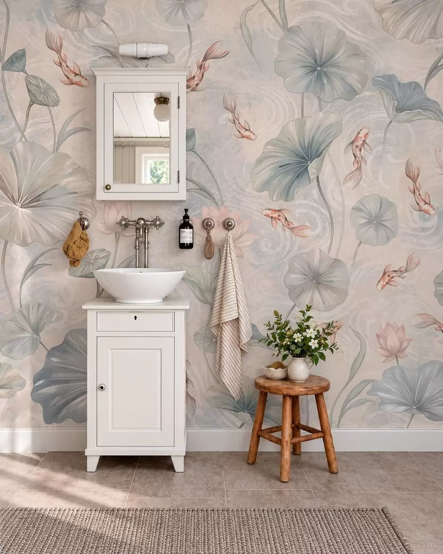 murais de parede Peixes koi entre folhas e flores cor-de-rosa sobre um fundo claro w05807