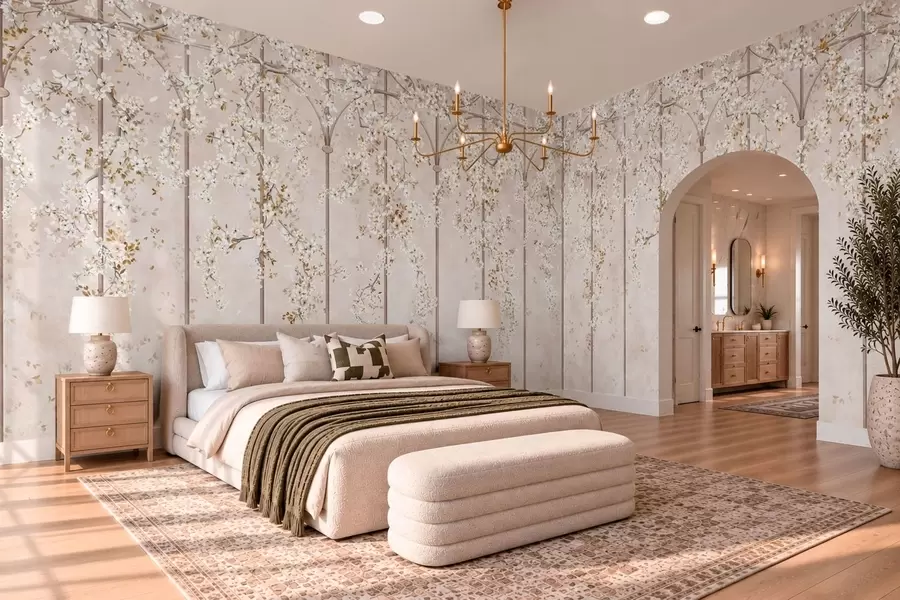 murais de parede Galhos brancos floridos em uma treliça decorativa w05923