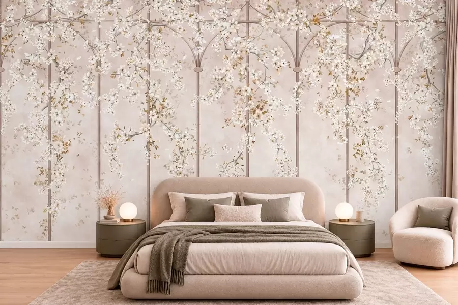 murais de parede Galhos brancos floridos em uma treliça decorativa w05923