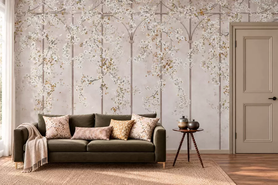 murais de parede Galhos brancos floridos em uma treliça decorativa w05923