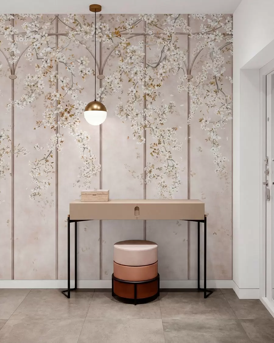 murais de parede Galhos brancos floridos em uma treliça decorativa w05923