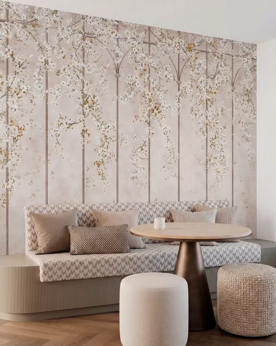 murais de parede Galhos brancos floridos em uma treliça decorativa w05923