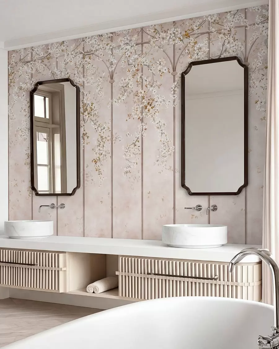 murais de parede Galhos brancos floridos em uma treliça decorativa w05923