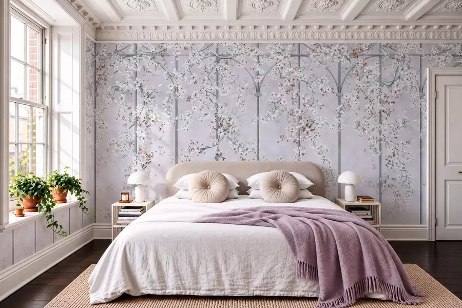 murais de parede Galhos com flores brancas em uma treliça decorativa azul e cinza w05923v1