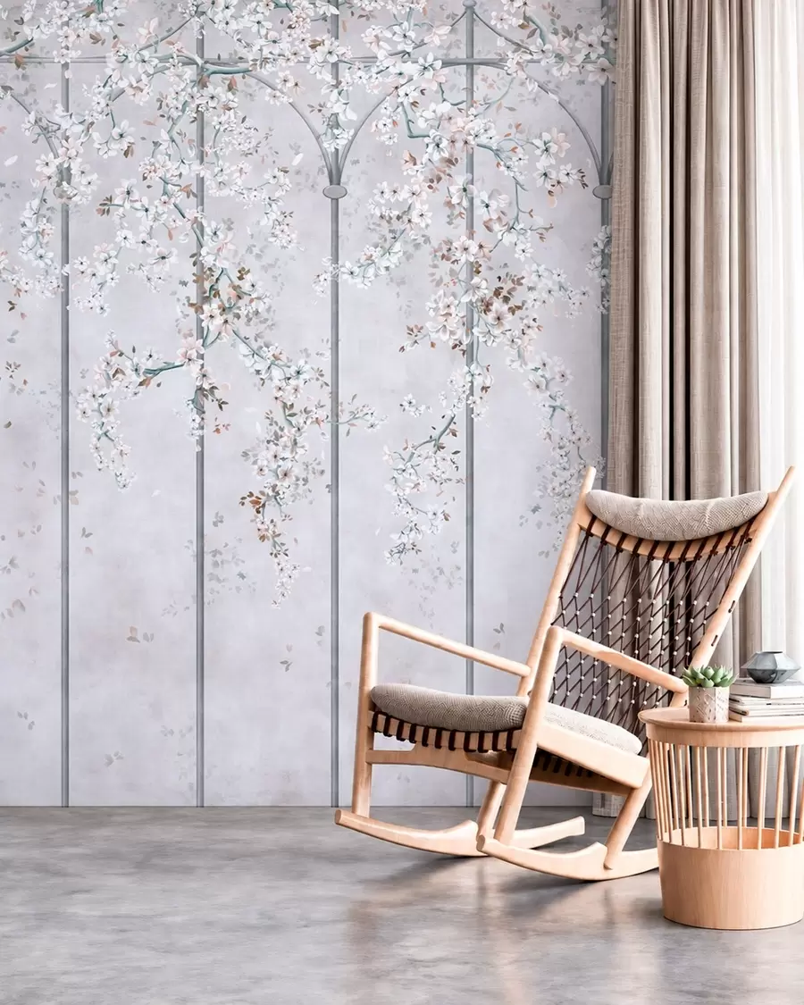 murais de parede Galhos com flores brancas em uma treliça decorativa azul e cinza w05923v1