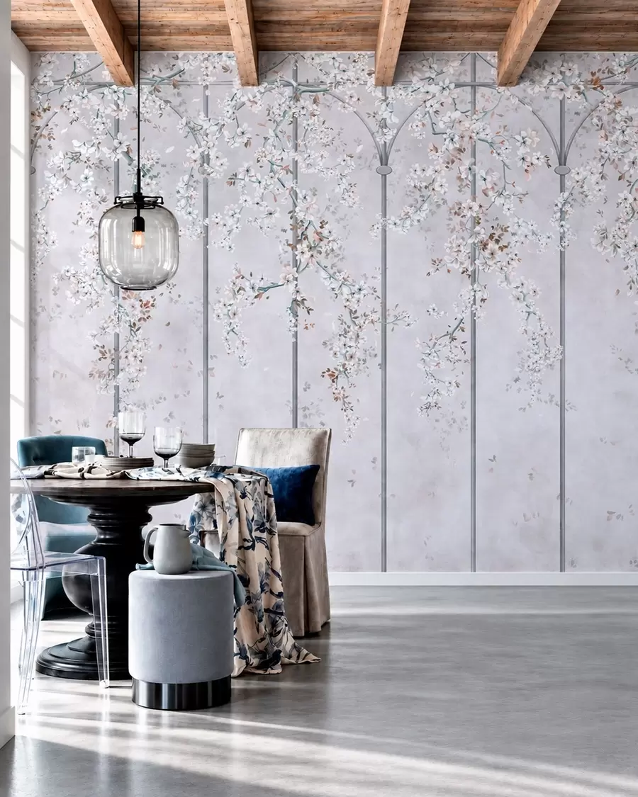murais de parede Galhos com flores brancas em uma treliça decorativa azul e cinza w05923v1