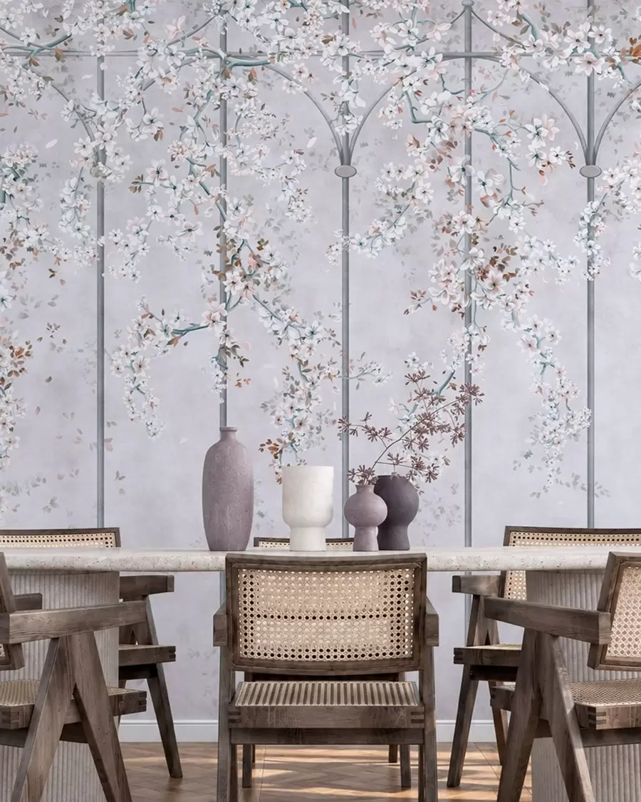 murais de parede Galhos com flores brancas em uma treliça decorativa azul e cinza w05923v1