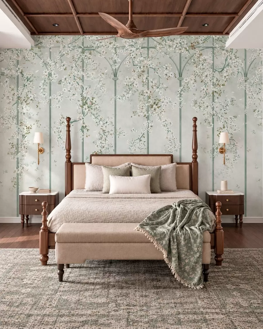 murais de parede Galhos com flores brancas em uma treliça decorativa verde w05923v2