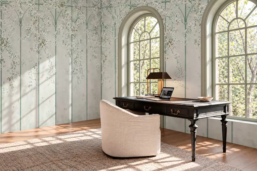 murais de parede Galhos com flores brancas em uma treliça decorativa verde w05923v2