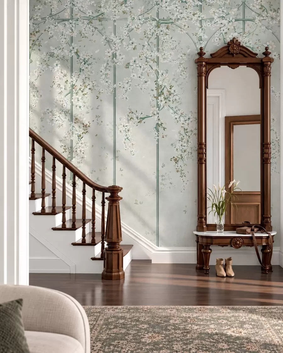 murais de parede Galhos com flores brancas em uma treliça decorativa verde w05923v2