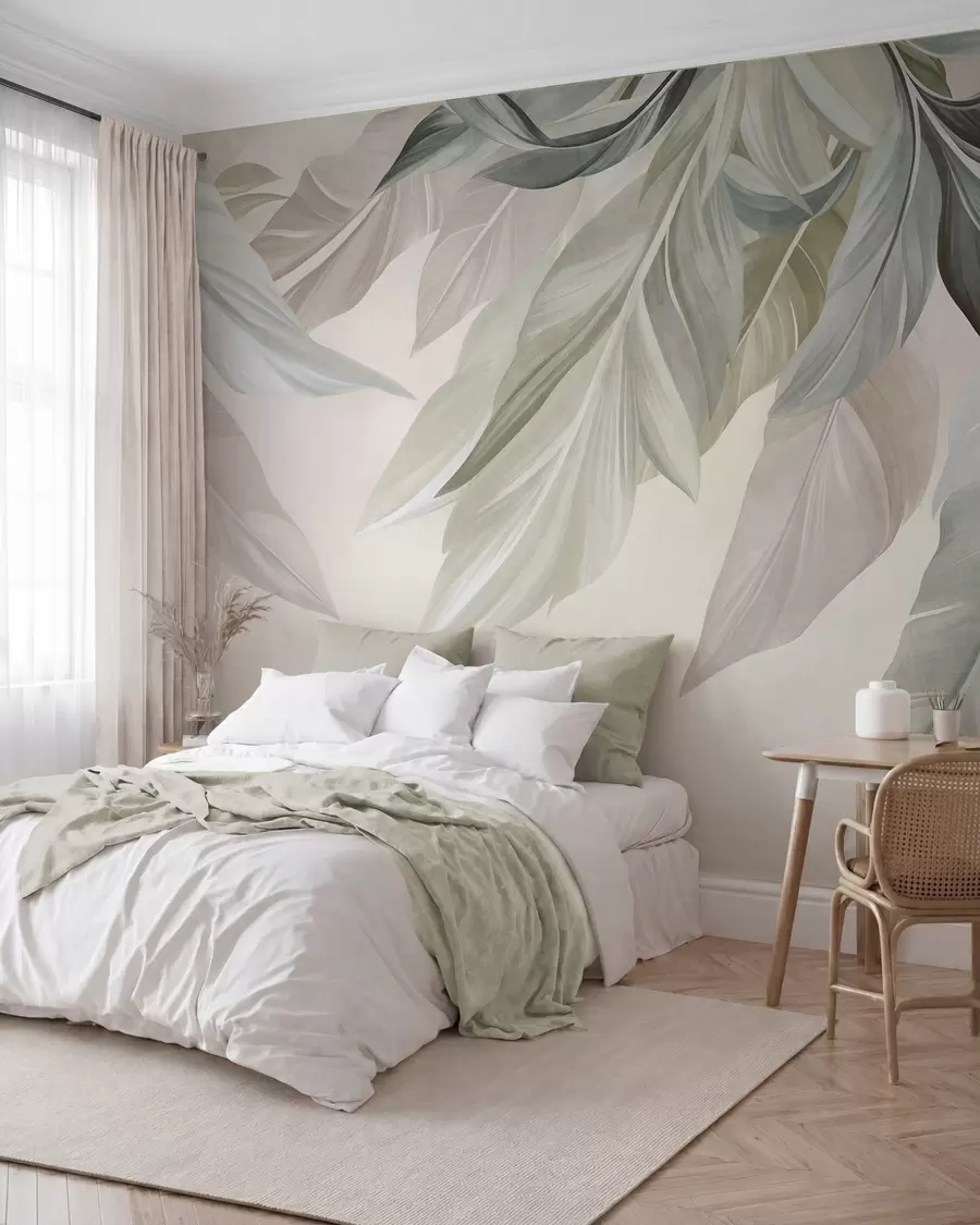 murais de parede Folhas tropicais, grandes, em tons suaves de verde, bege e rosa, com fundo claro e texturizado w10054