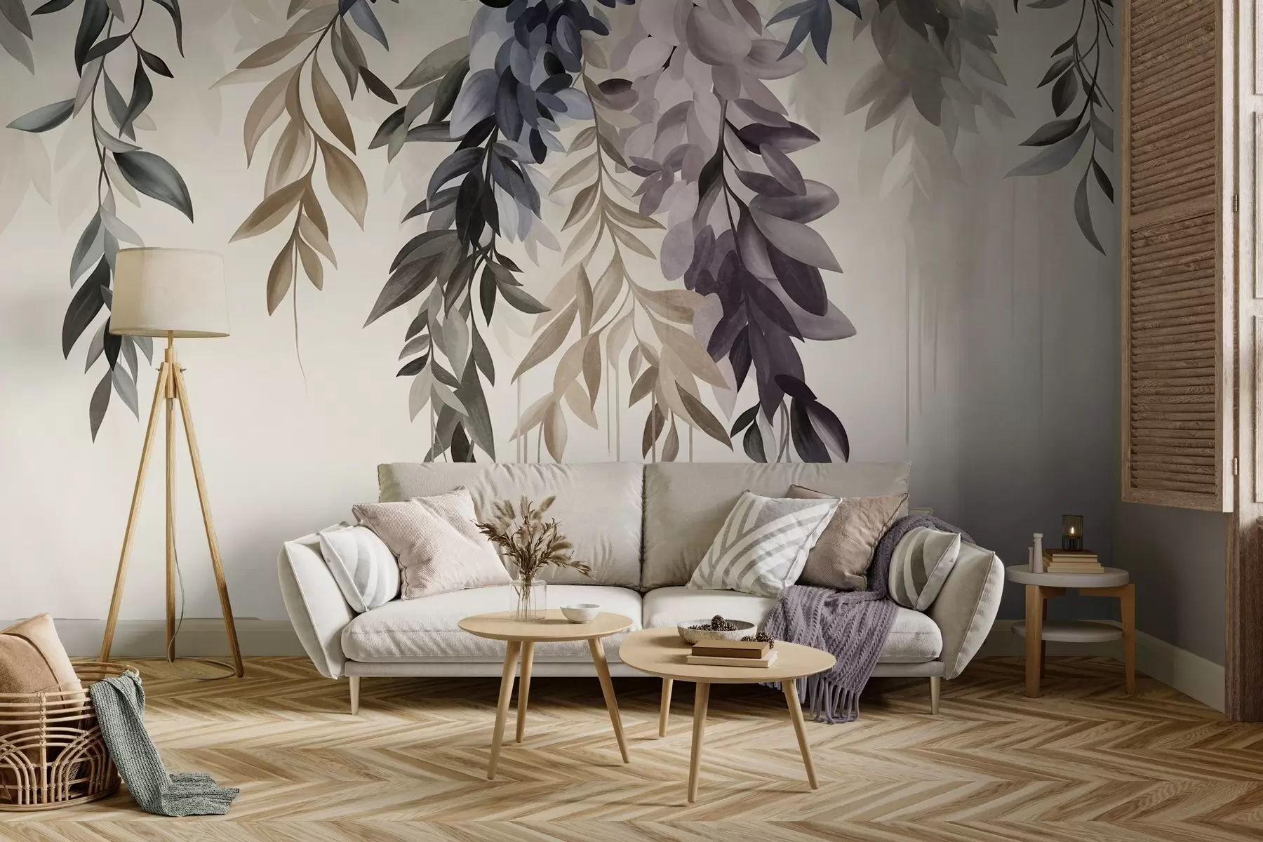 murais de parede Folhas abstratas pendentes em tons de roxo, azul e bege, com caules longos e finos w10057