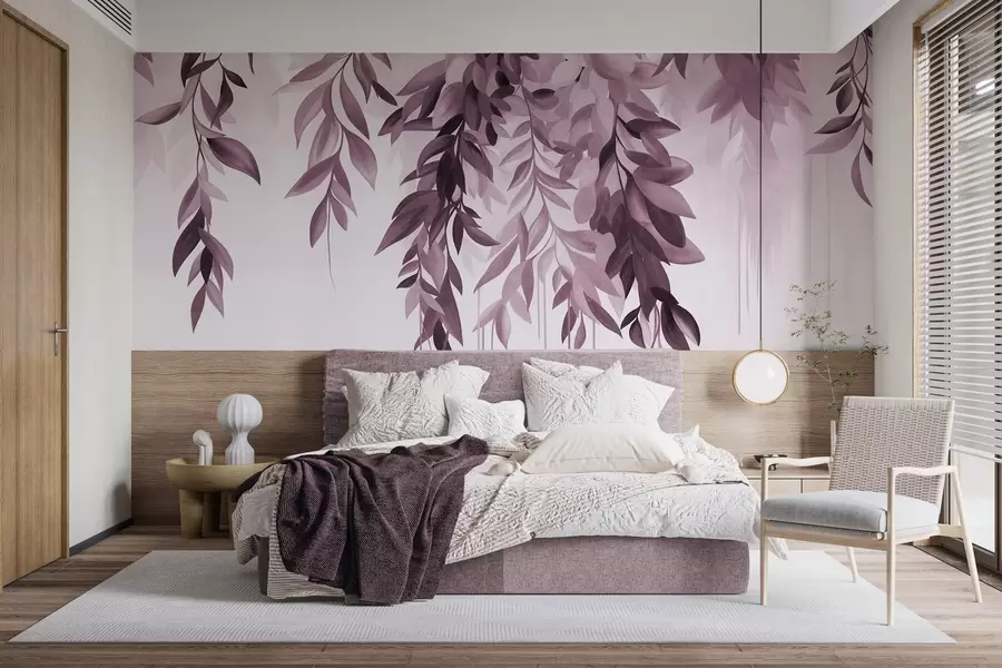 murais de parede Folhas abstratas pendentes em tons de roxo e rosa, com caules longos e finos w10057v1
