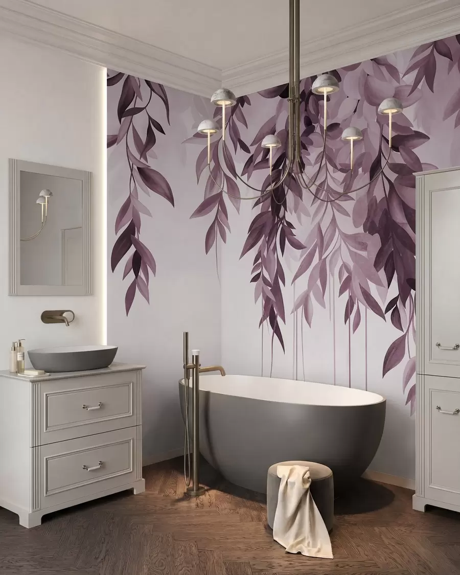 murais de parede Folhas abstratas pendentes em tons de roxo e rosa, com caules longos e finos w10057v1