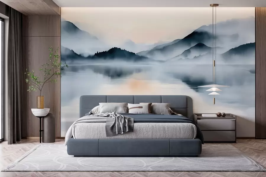 murais de parede Um lago com montanhas enevoadas ao fundo, em estilo aquarela w10078