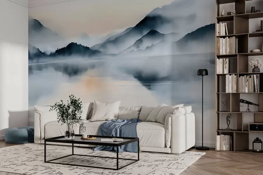 murais de parede Um lago com montanhas enevoadas ao fundo, em estilo aquarela w10078