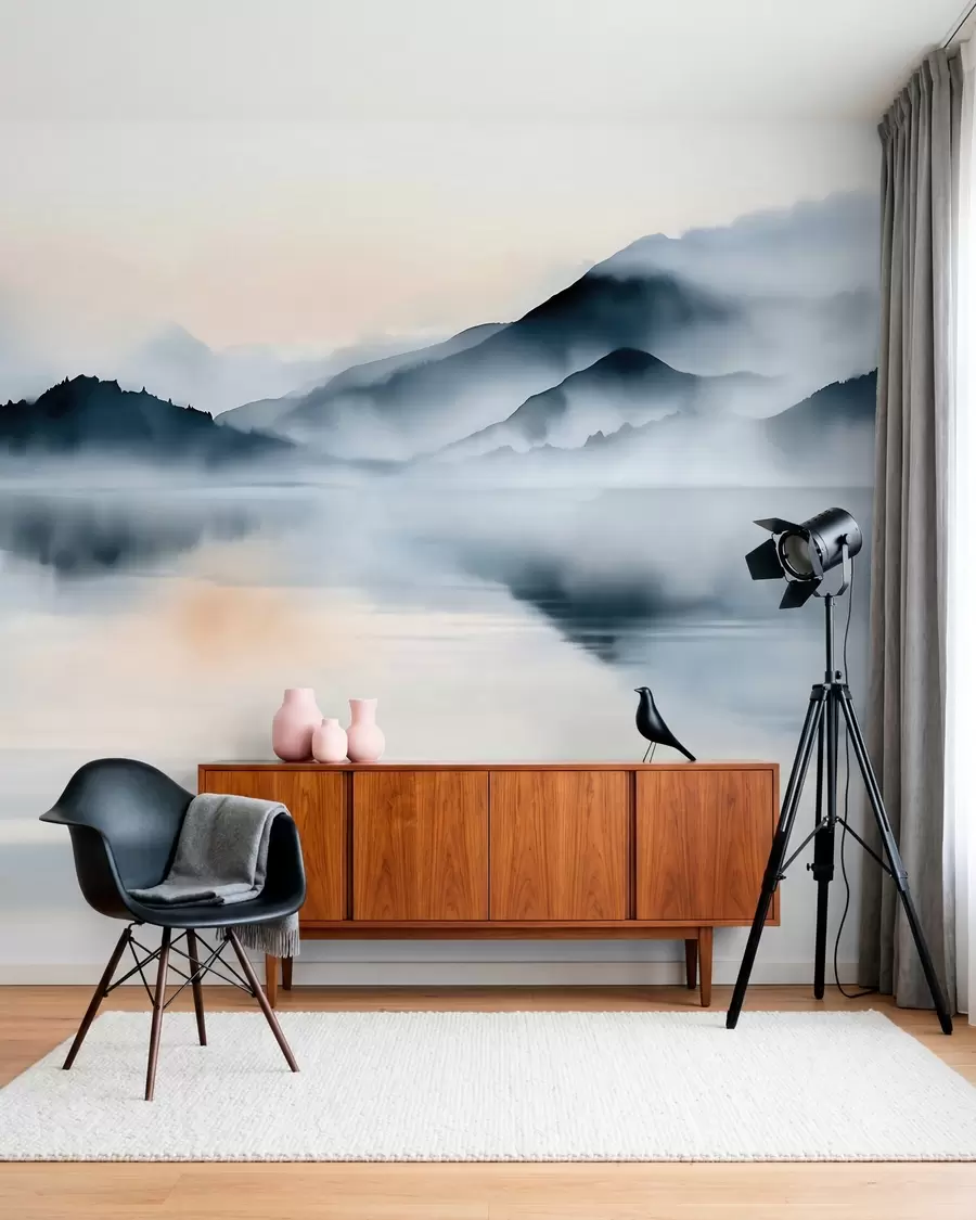 murais de parede Um lago com montanhas enevoadas ao fundo, em estilo aquarela w10078