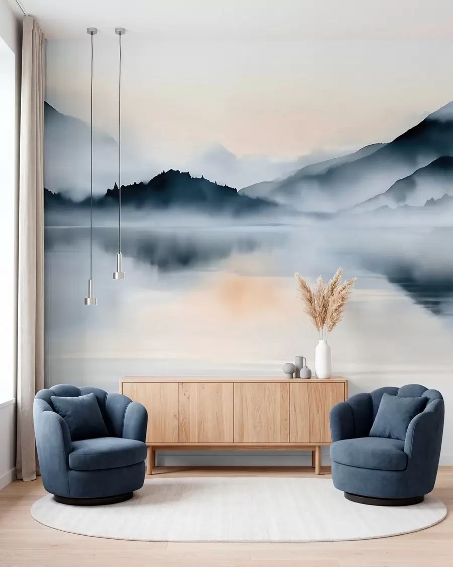 murais de parede Um lago com montanhas enevoadas ao fundo, em estilo aquarela w10078