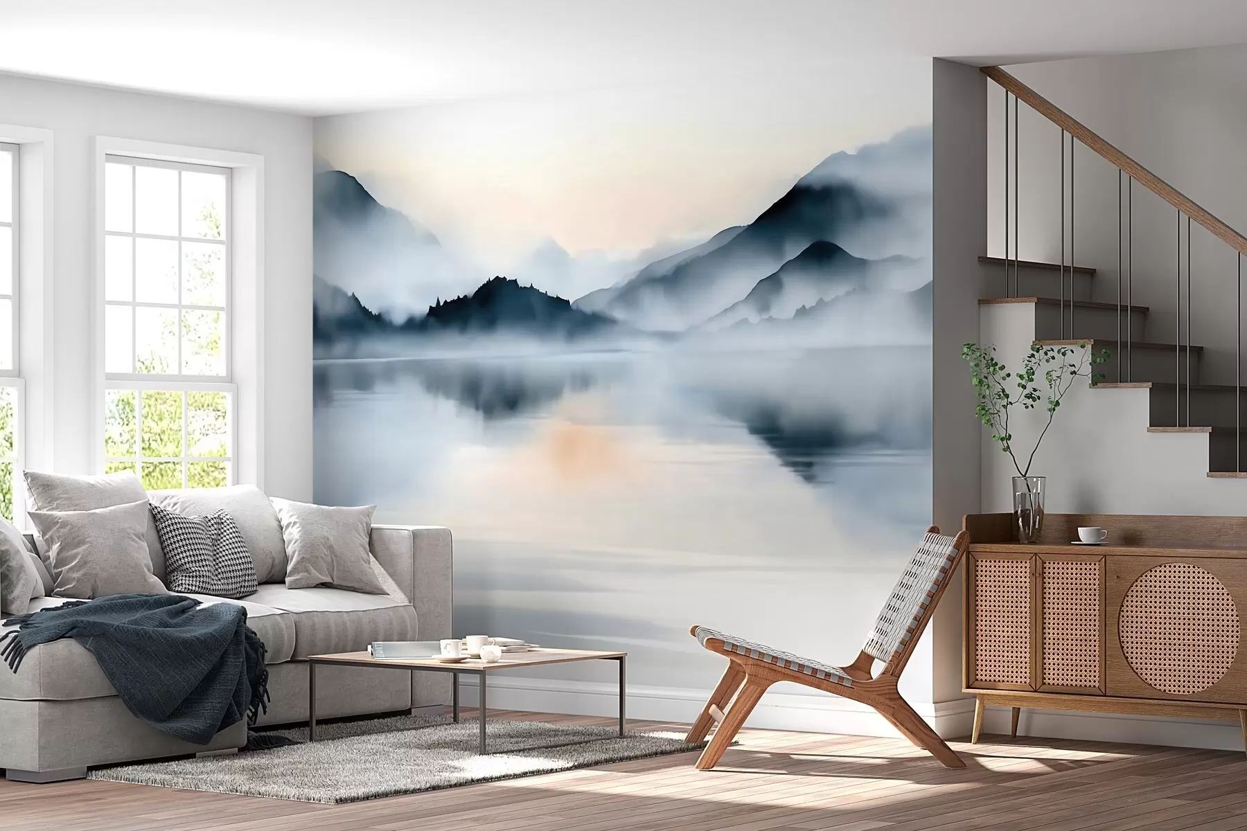 murais de parede Um lago com montanhas enevoadas ao fundo, em estilo aquarela w10078