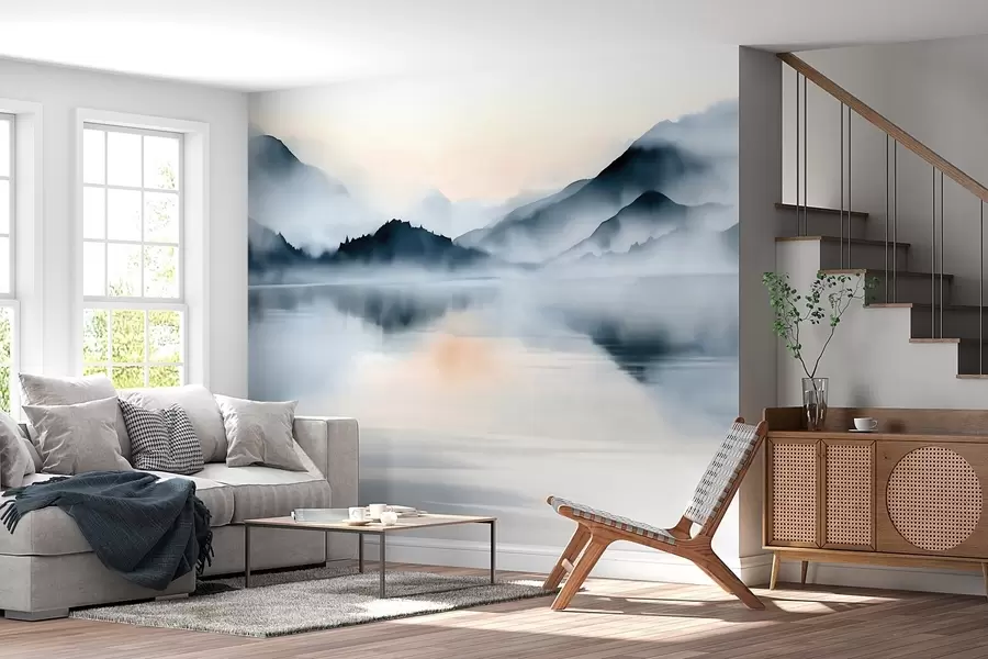 murais de parede Um lago com montanhas enevoadas ao fundo, em estilo aquarela w10078