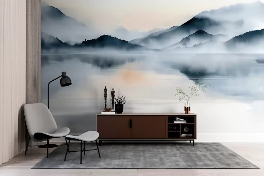 murais de parede Um lago com montanhas enevoadas ao fundo, em estilo aquarela w10078