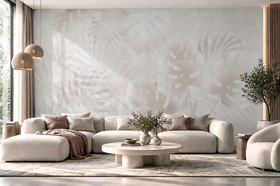 murais de parede Folhas tropicais com efeito grunge em tons de bege empoeirado w10080