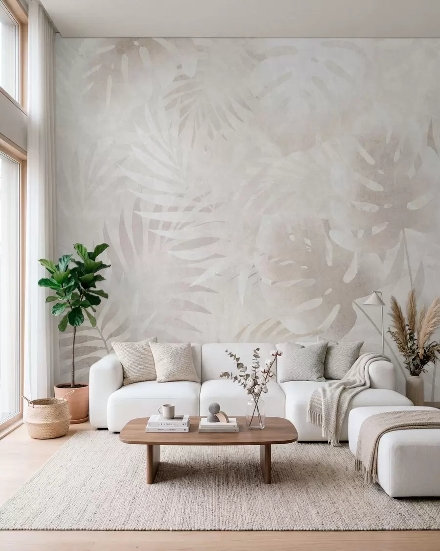 murais de parede Folhas tropicais com efeito grunge em tons de bege empoeirado w10080