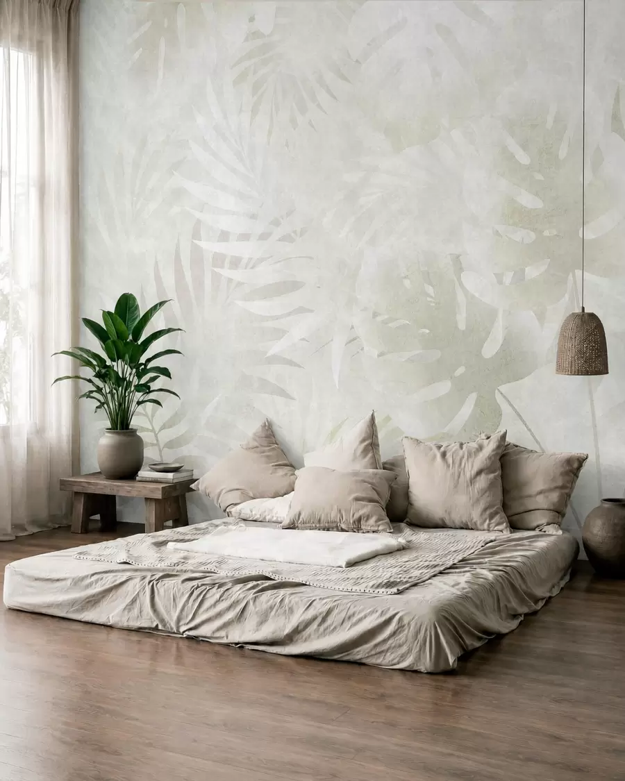 murais de parede Folhas tropicais com efeito grunge em tons neutros de bege w10080v1