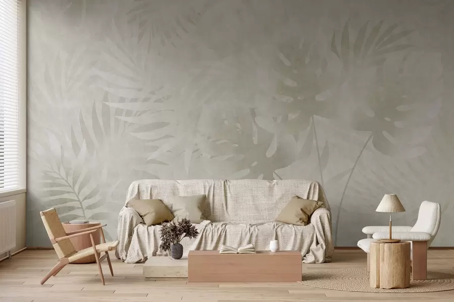 murais de parede Folhas tropicais com efeito grunge em tons neutros de bege w10080v1