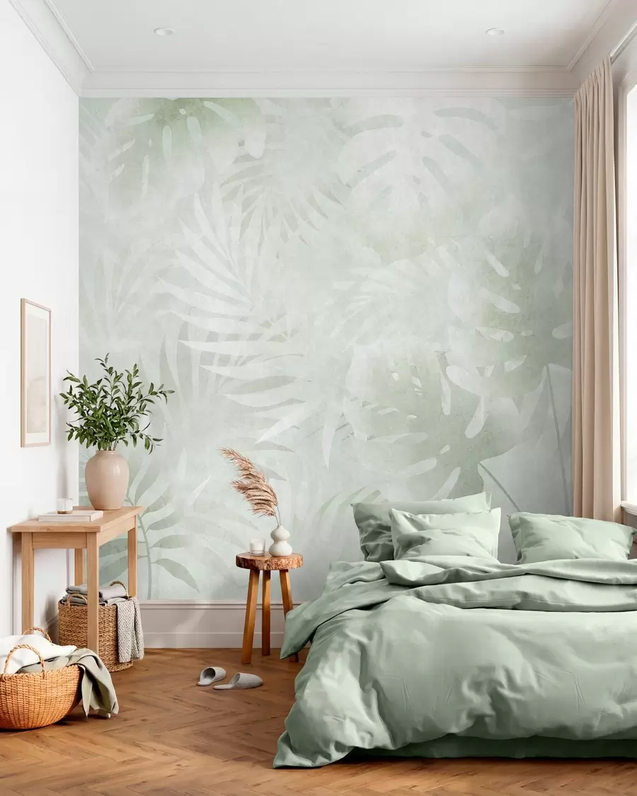 murais de parede Folhas tropicais com efeito grunge em tons de verde w10080v2