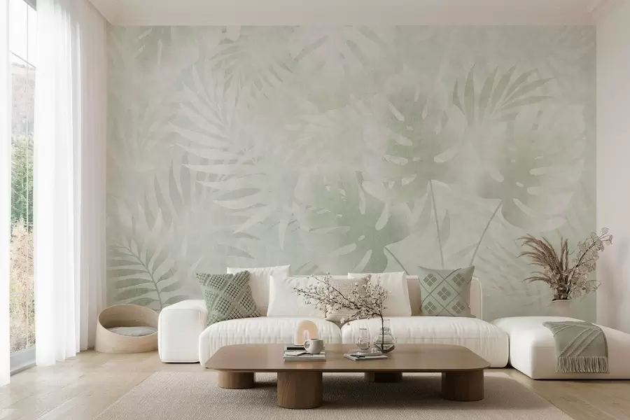 murais de parede Folhas tropicais com efeito grunge em tons de verde w10080v2