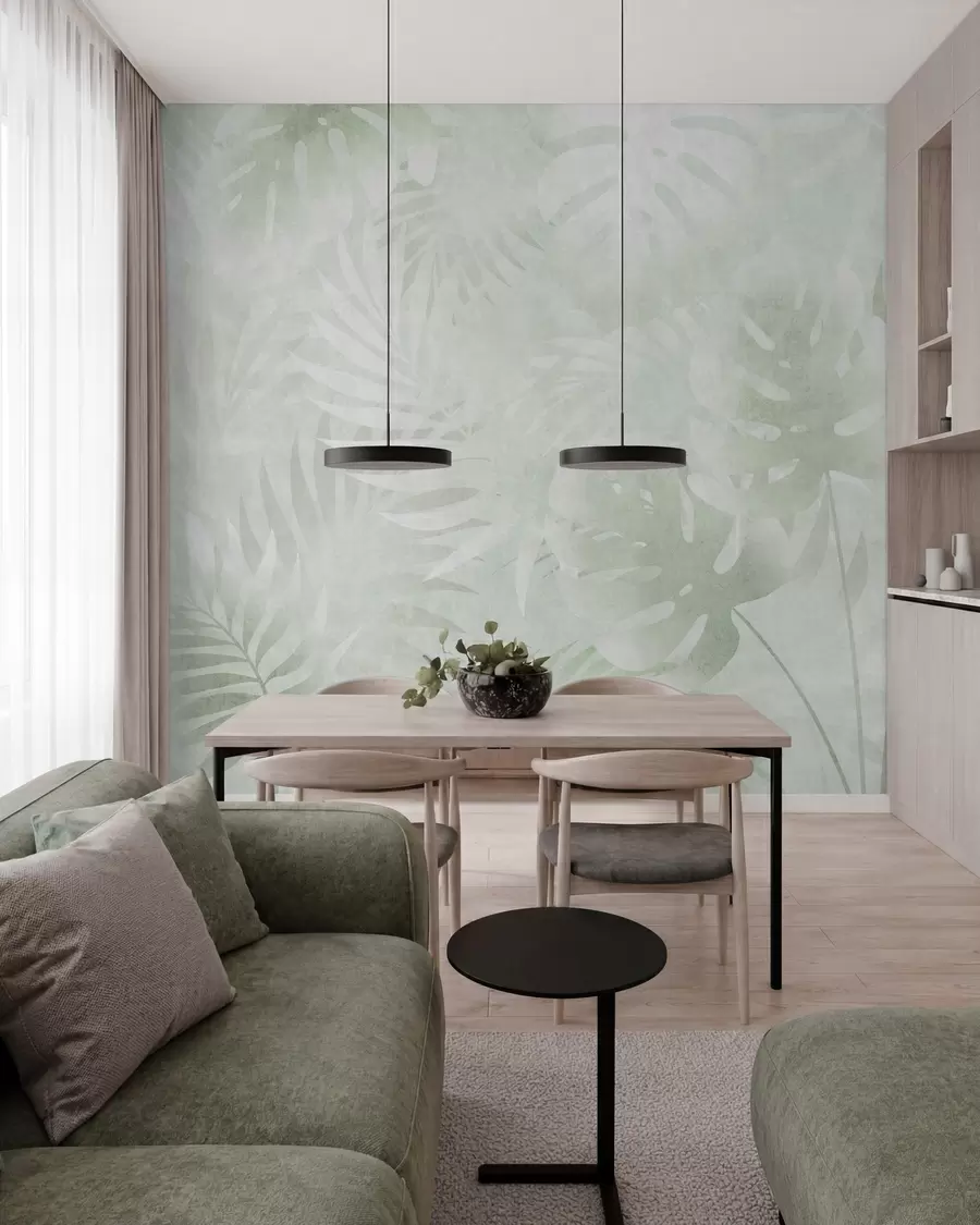 murais de parede Folhas tropicais com efeito grunge em tons de verde w10080v2