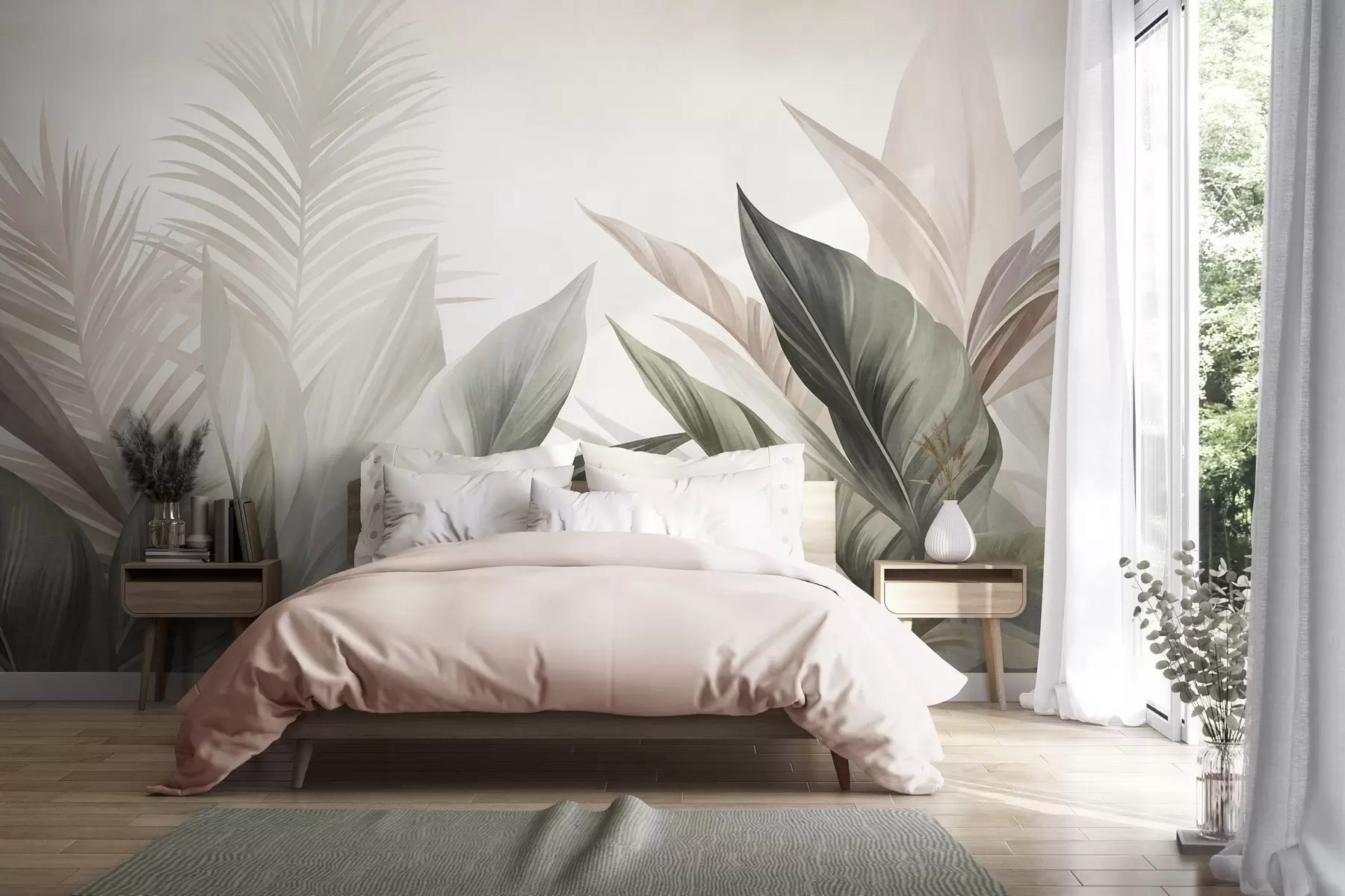 murais de parede Folhas tropicais em tons de verde e rosa, texturizadas e grandes, arte moderna w10055