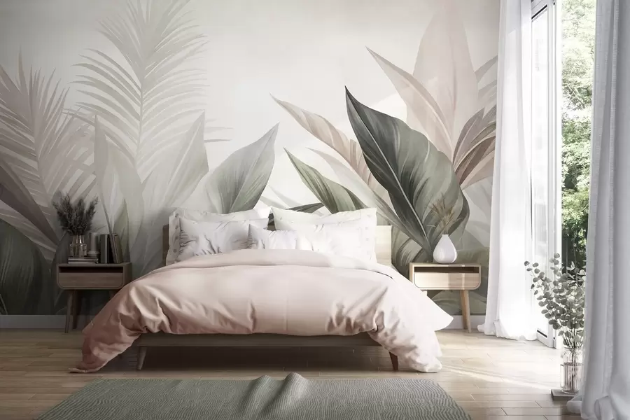 murais de parede Folhas tropicais em tons de verde e rosa, texturizadas e grandes, arte moderna w10055