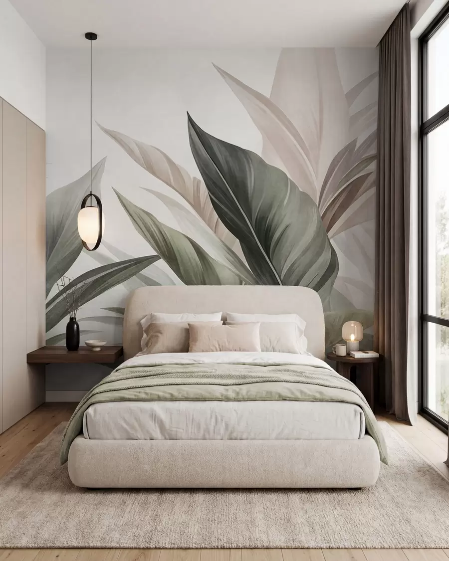 murais de parede Folhas tropicais em tons de verde e rosa, texturizadas e grandes, arte moderna w10055