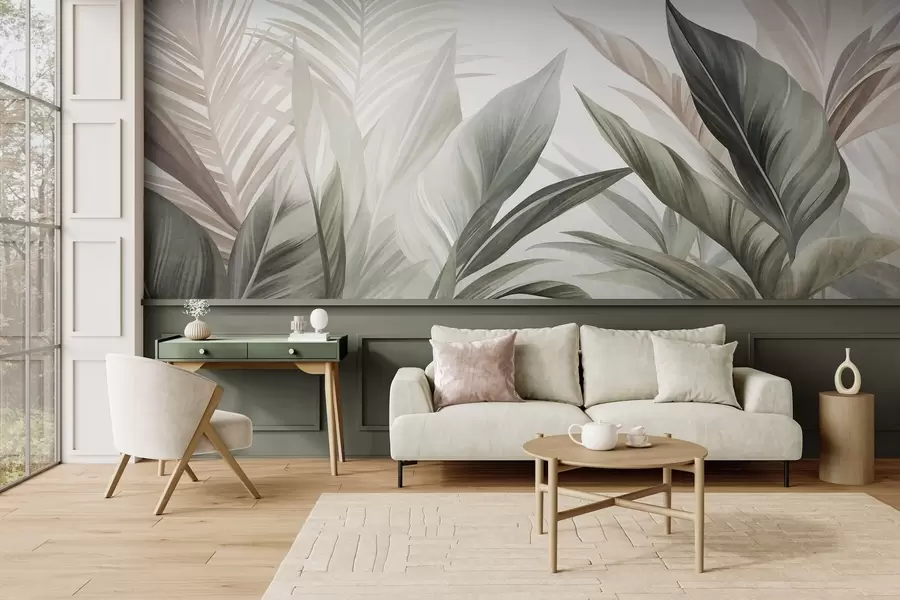 murais de parede Folhas tropicais em tons de verde e rosa, texturizadas e grandes, arte moderna w10055
