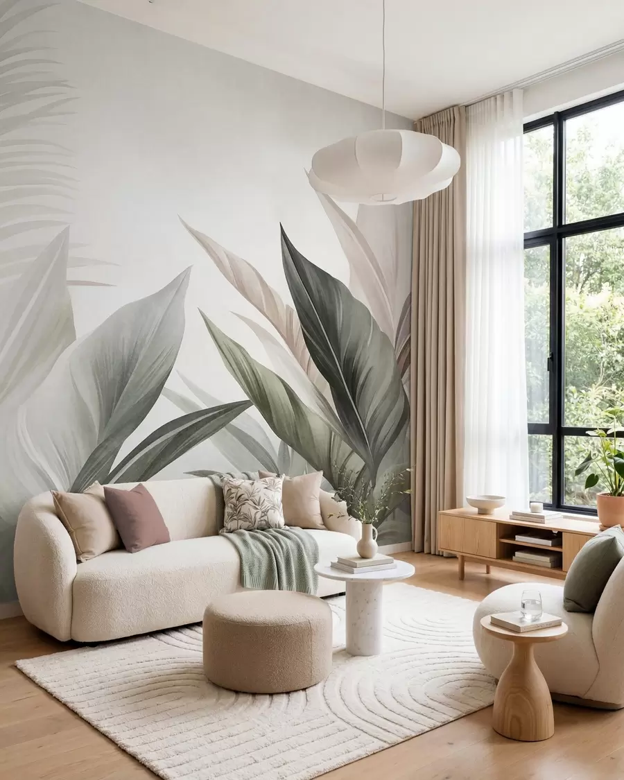 murais de parede Folhas tropicais em tons de verde e rosa, texturizadas e grandes, arte moderna w10055