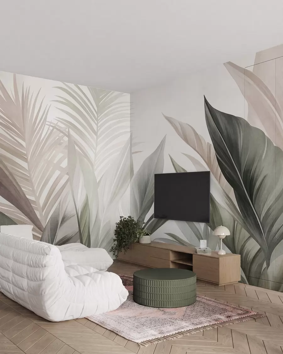 murais de parede Folhas tropicais em tons de verde e rosa, texturizadas e grandes, arte moderna w10055
