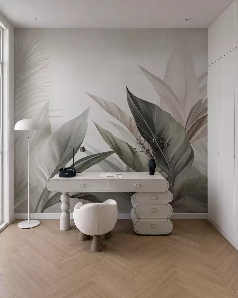 murais de parede Folhas tropicais em tons de verde e rosa, texturizadas e grandes, arte moderna w10055