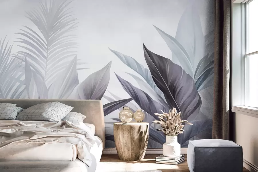murais de parede Folhas tropicais em tons de azul e cinza, texturizadas e grandes, arte moderna w10055v1