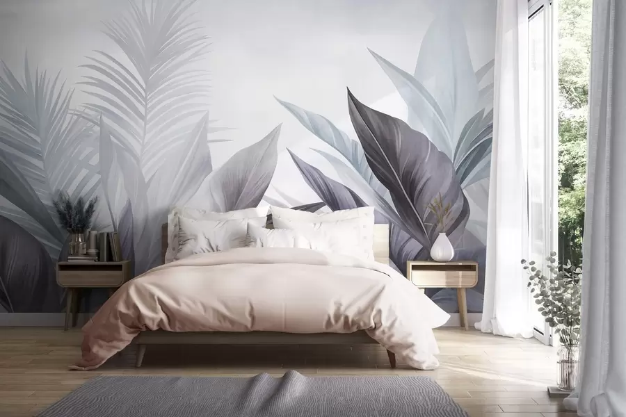 murais de parede Folhas tropicais em tons de azul e cinza, texturizadas e grandes, arte moderna w10055v1